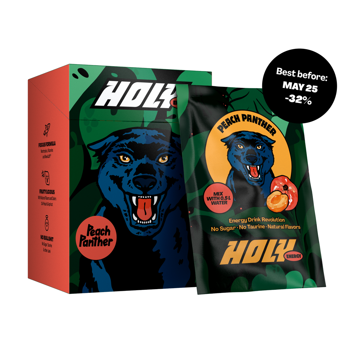 10 pack of HOLY Energy (Peach Panther) - BBE: 05/25